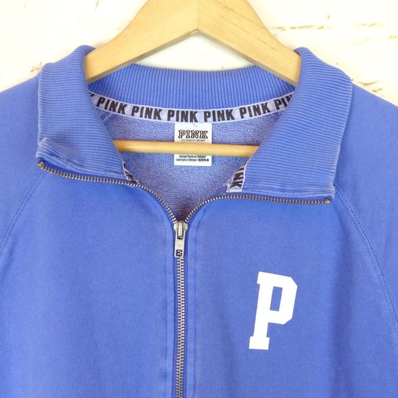 PINK Victorias Secret Sweatshirt Womens M Blue Half Zip Pullover Logo Spell Out - Picture 10 of 14